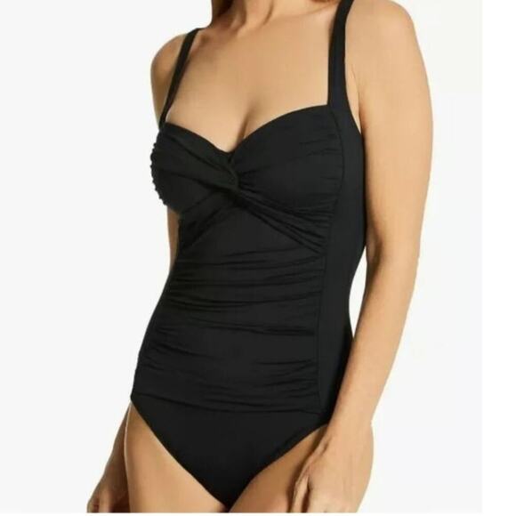La Blanca Island Goddess Rouched Over The Shoulder Swimsuit Size 6 Black New - Picture 1 of 8